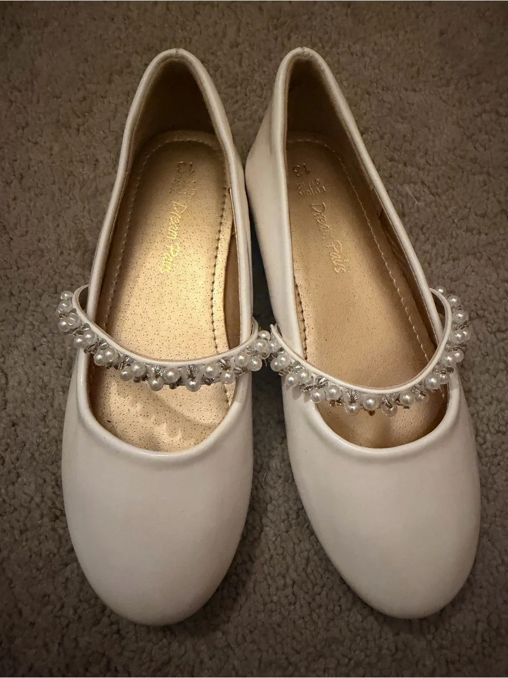 Girls White Pearl Strap Dress Flats by